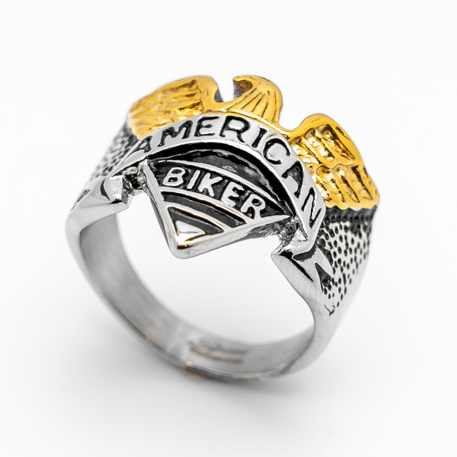 Unisex American Biker Eagle Ring in Two-Tone Goldtone & Stainless Steel Sizes 8 - 16  - Product Image