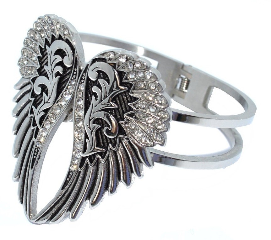 Women's Heart Wings Bling Biker Cuff/Bangle/Bracelet Stainless Steel Women's Heart Wings Bling Biker Cuff/Bangle/Bracelet Stainless Steel - Product Image