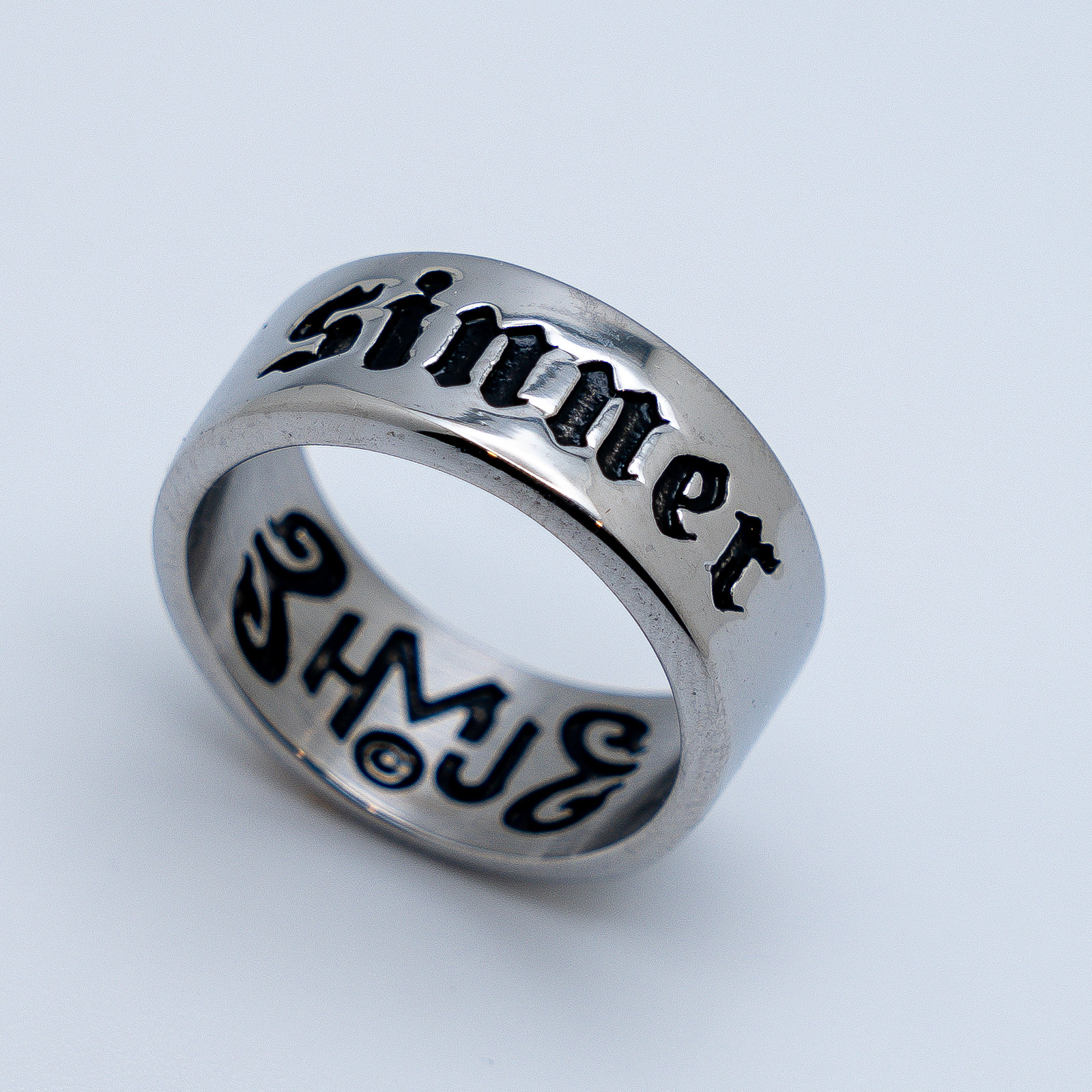 Unisex "SINNER" Signet Ring Biker Wedding BandReligious Stainless Steel  Sizes 6 - 15 - Product Image