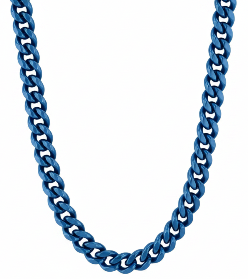 12mm Blue Cuban Link Chain Men's Necklace Stainless SteelFREE SHIPPING - Product Image