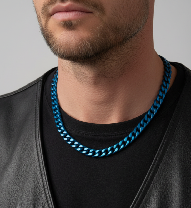 12mm Blue Cuban Link Chain Men's Necklace Stainless SteelFREE SHIPPING