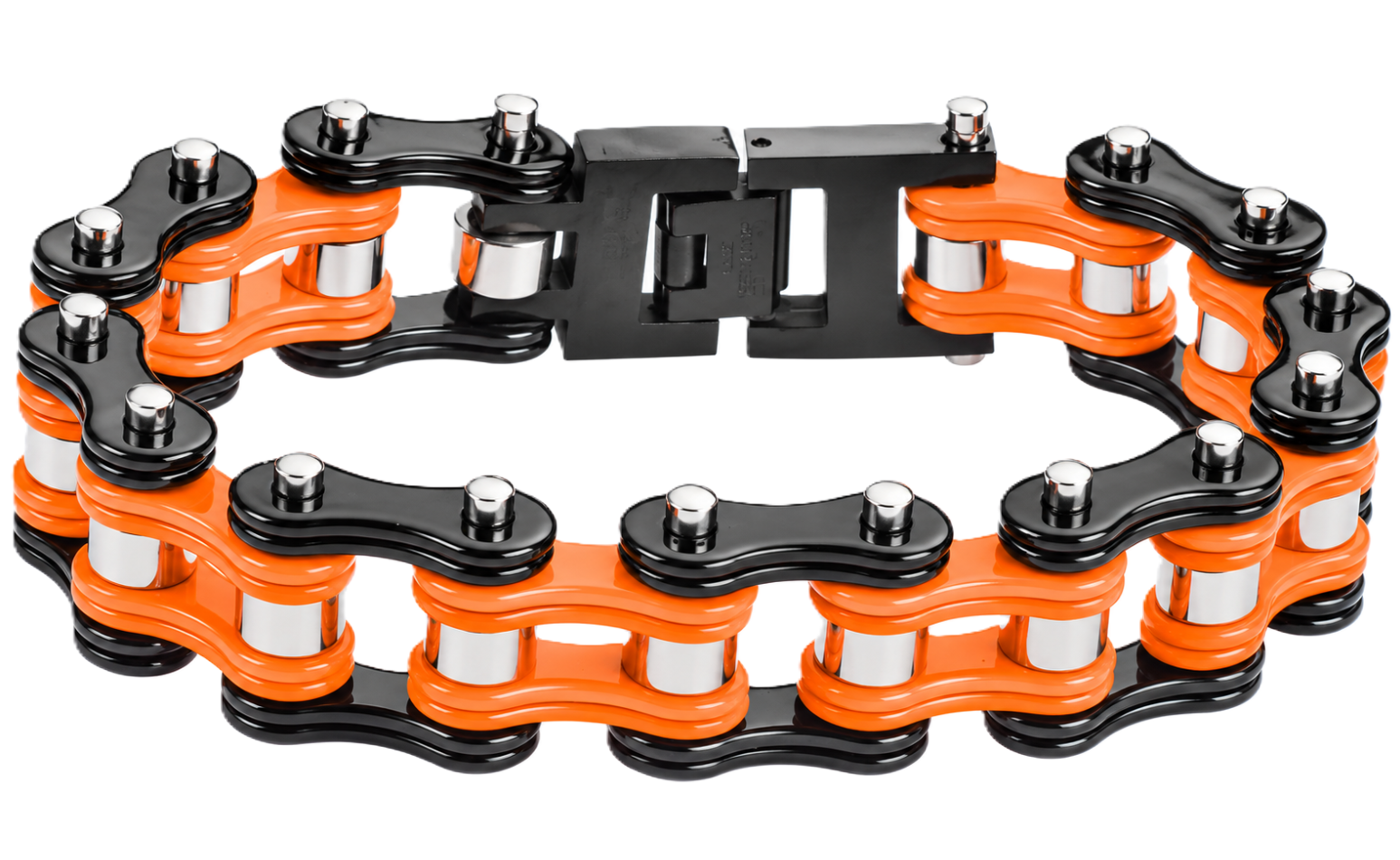 16mm Black, Orange &amp; Silver Bike Chain Bracelet Double Link Men's Biker Stainless Steel