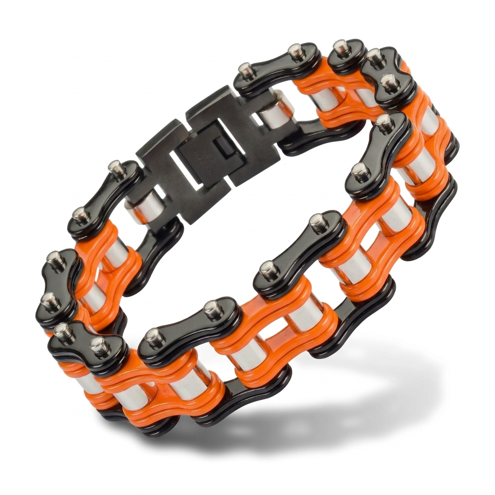 16mm Black, Orange &amp; Silver Bike Chain Bracelet Double Link Men's Biker Stainless Steel