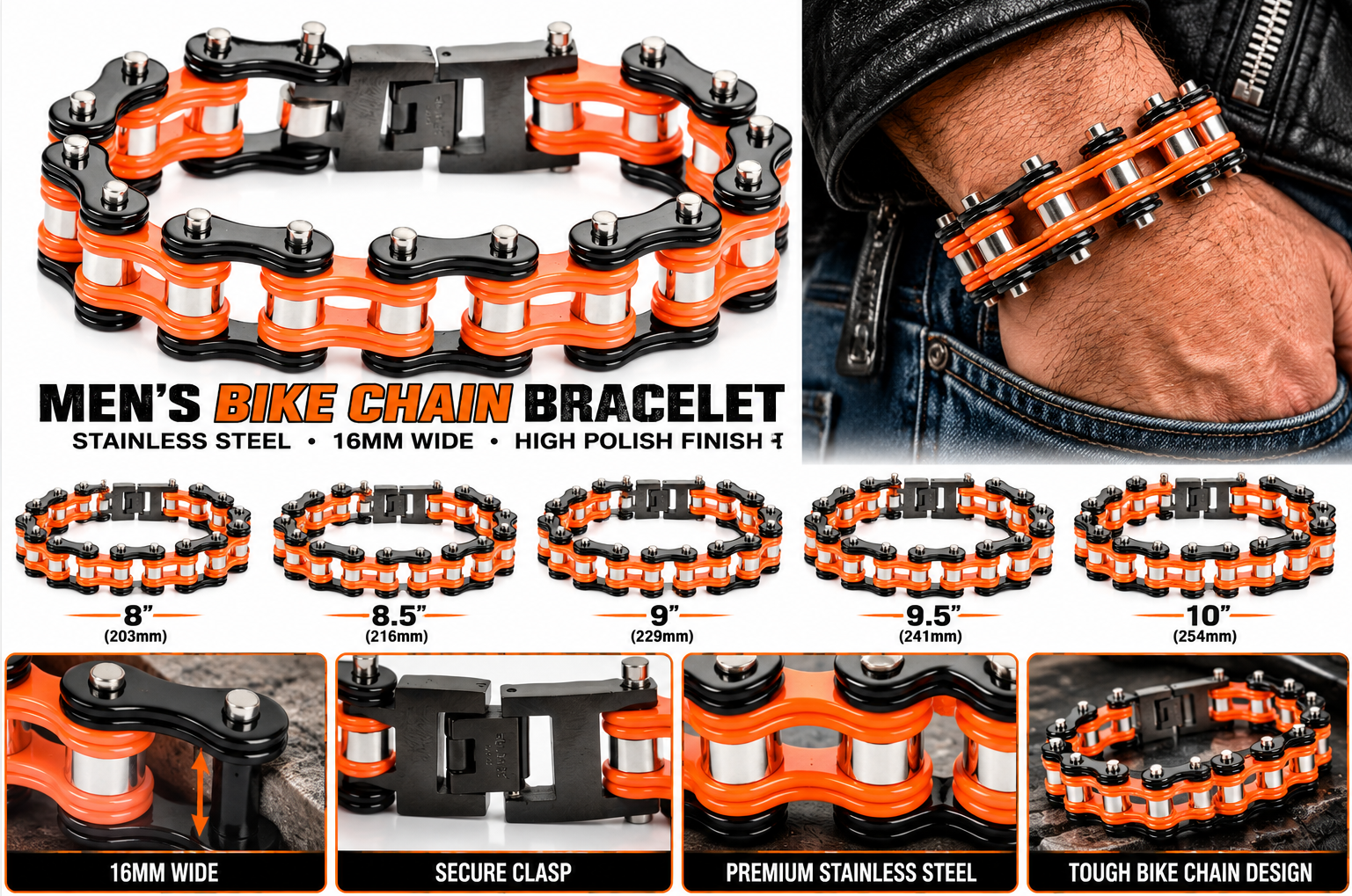 16mm Black, Orange &amp; Silver Bike Chain Bracelet Double Link Men's Biker Stainless Steel