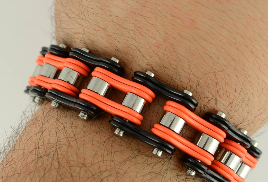 16mm Black, Orange &amp; Silver Bike Chain Bracelet Double Link Men's Biker Stainless Steel