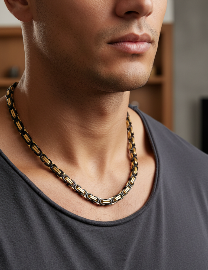 5.5mm Byzantine Link TT Chain Black &amp; Gold Unisex Necklace Stainless SteelFREE SHIPPING