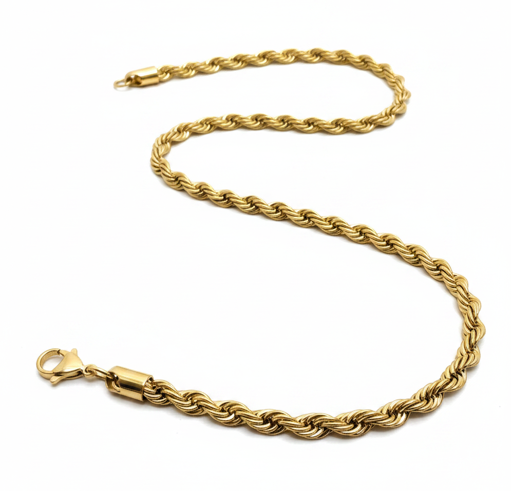 5mm Gold Rope Chain 18K Gold Plated Unisex Necklace Stainless SteelFREE SHIPPING