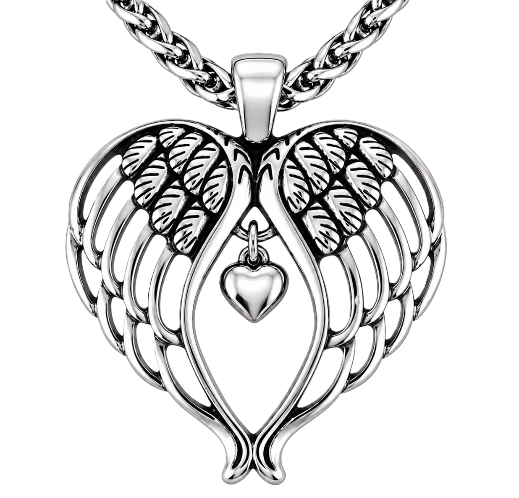 Angel Wings Heart Pendant &amp; Foxtail Chain Necklace Stainless Steel