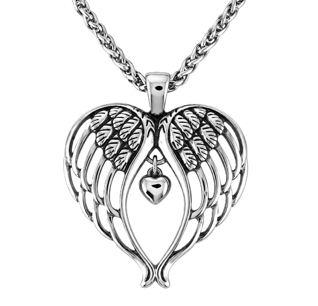 Angel Wings Heart Pendant &amp; Foxtail Chain Necklace Stainless Steel