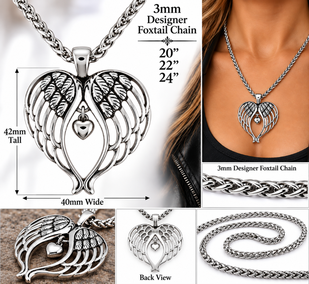 Angel Wings Heart Pendant &amp; Foxtail Chain Necklace Stainless Steel