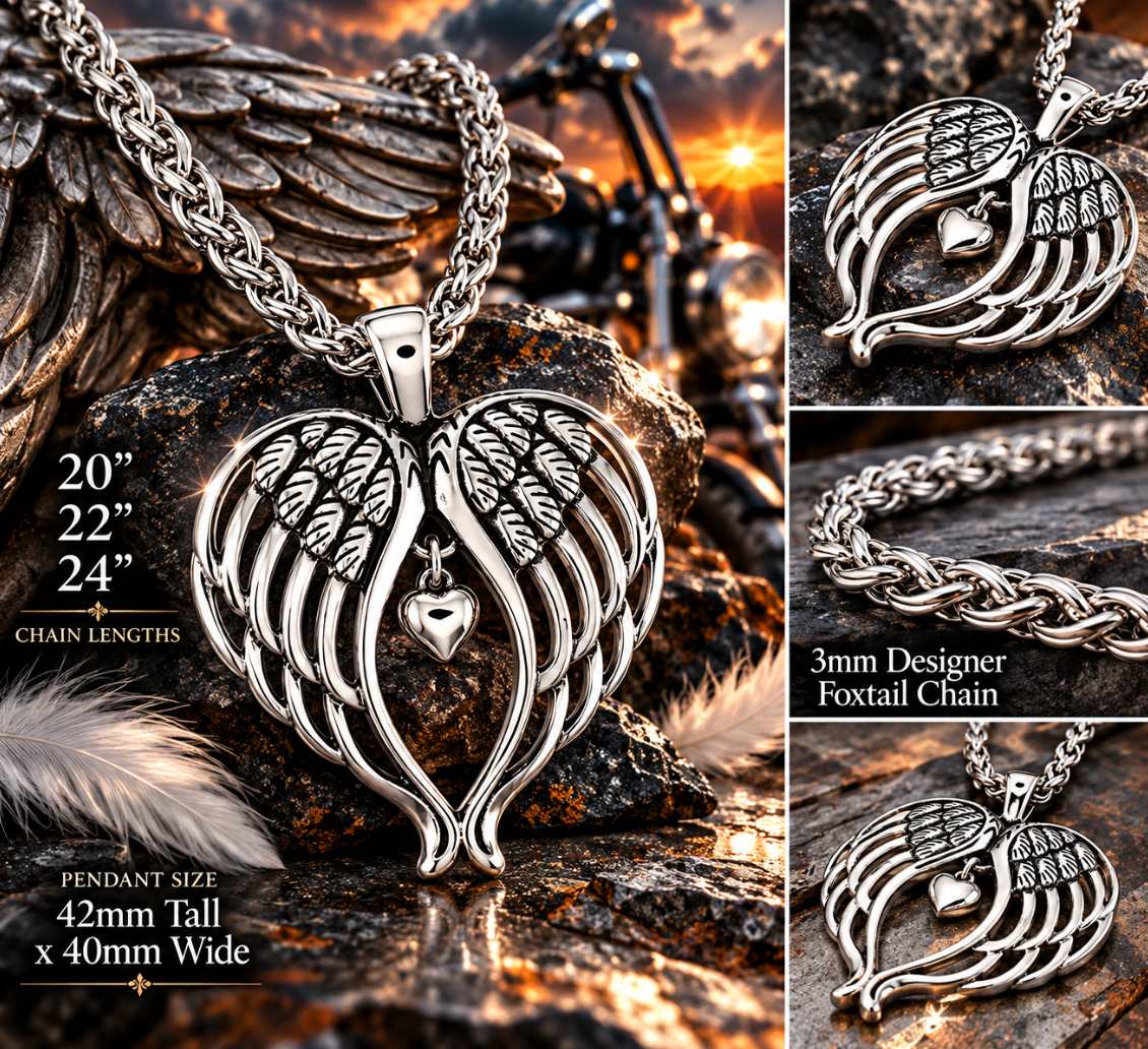 Angel Wings Heart Pendant &amp; Foxtail Chain Necklace Stainless Steel