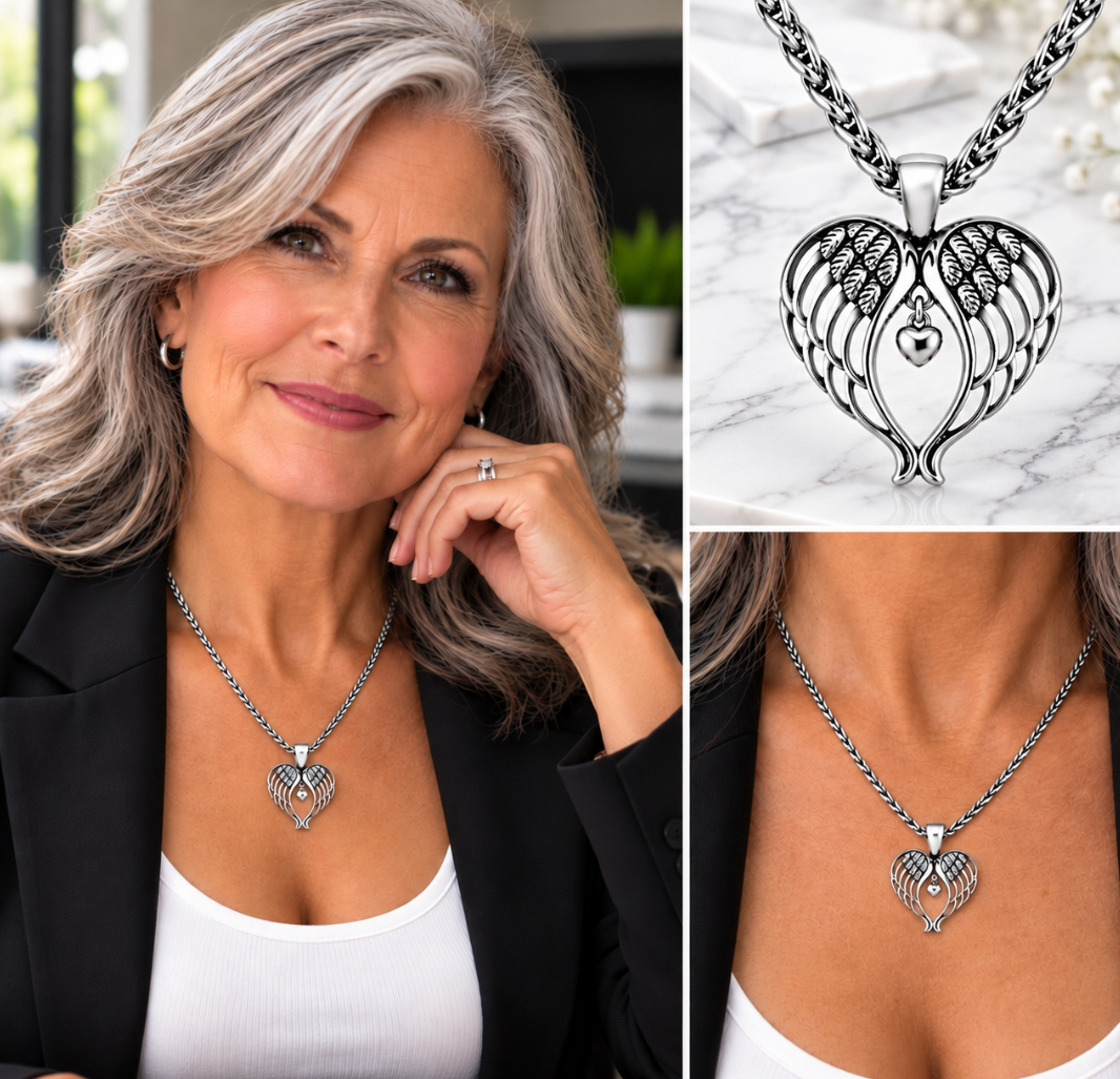 Angel Wings Heart Pendant &amp; Foxtail Chain Necklace Stainless Steel