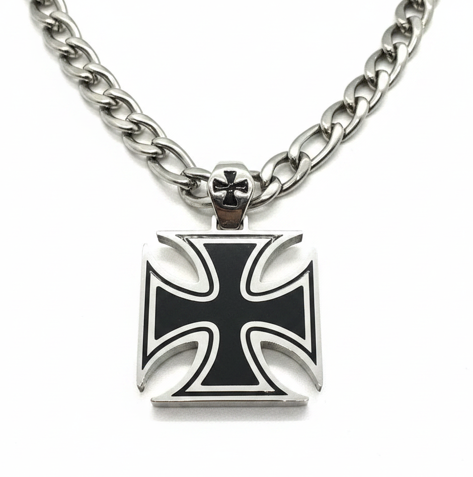Big Iron Cross / Maltese Cross Pendant with 11mm Figaro Chain - Product Image