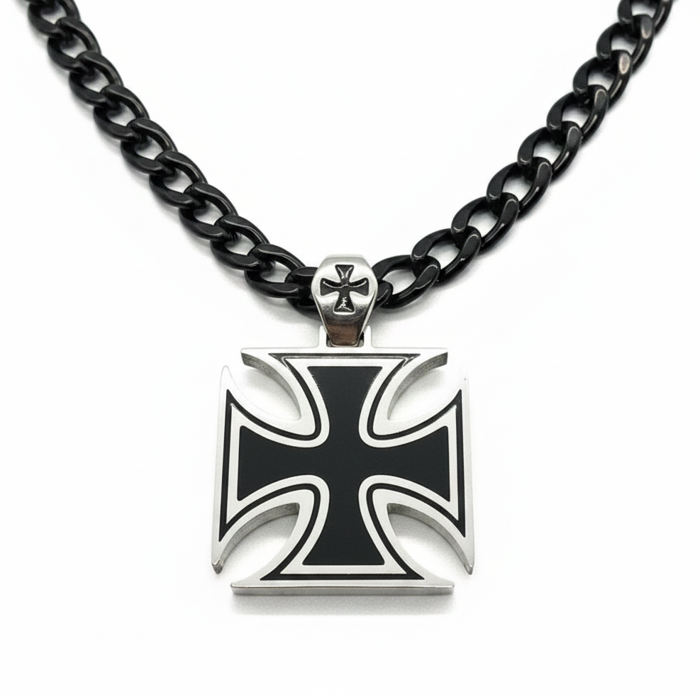 Big Iron Cross / Maltese Cross Pendant with Black Figaro Chain - Product Image