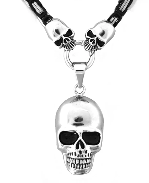 Big Skull Black & Chrome 7mm Byzantine Stainless Steel Necklace 