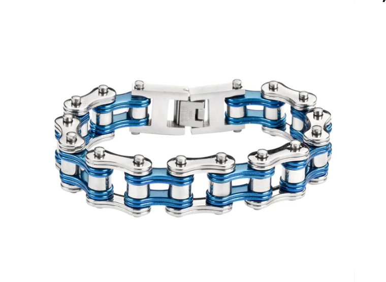 Biker Jewelry Men's Motorcycle Bike Chain Bracelet Silver Vintage Blue Double Link SB242