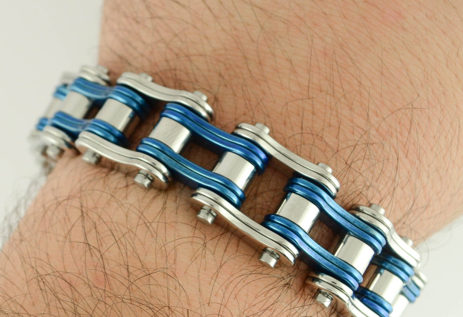 Biker Jewelry Men's Motorcycle Bike Chain Bracelet Silver Vintage Blue Double Link SB242