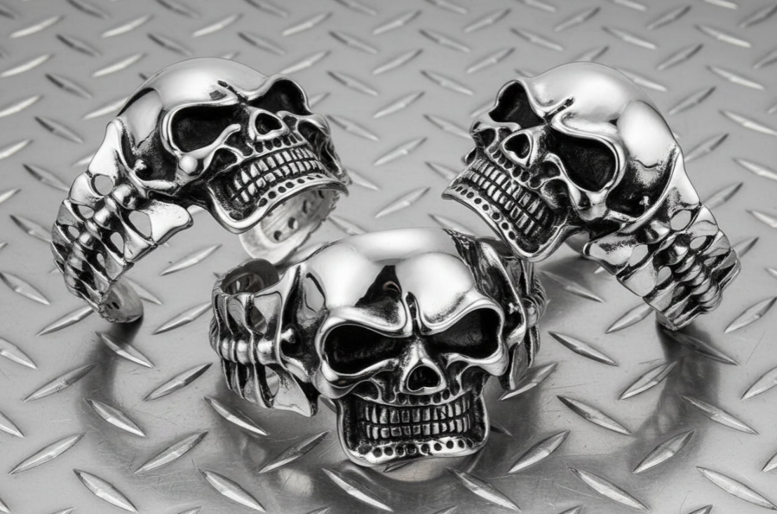 Bikers Back Bone Skull Cuff Bracelet Men's Stainless Steel 