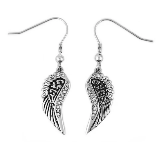 Black & Bling Angel Wing Dangle Earrings French Wires Stainless Steel SE24 - Product Image