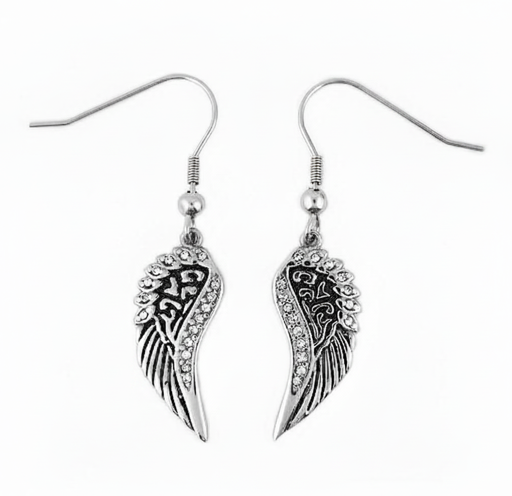 Black &amp; Bling Angel Wing Dangle Earrings French Wires Stainless Steel SE24