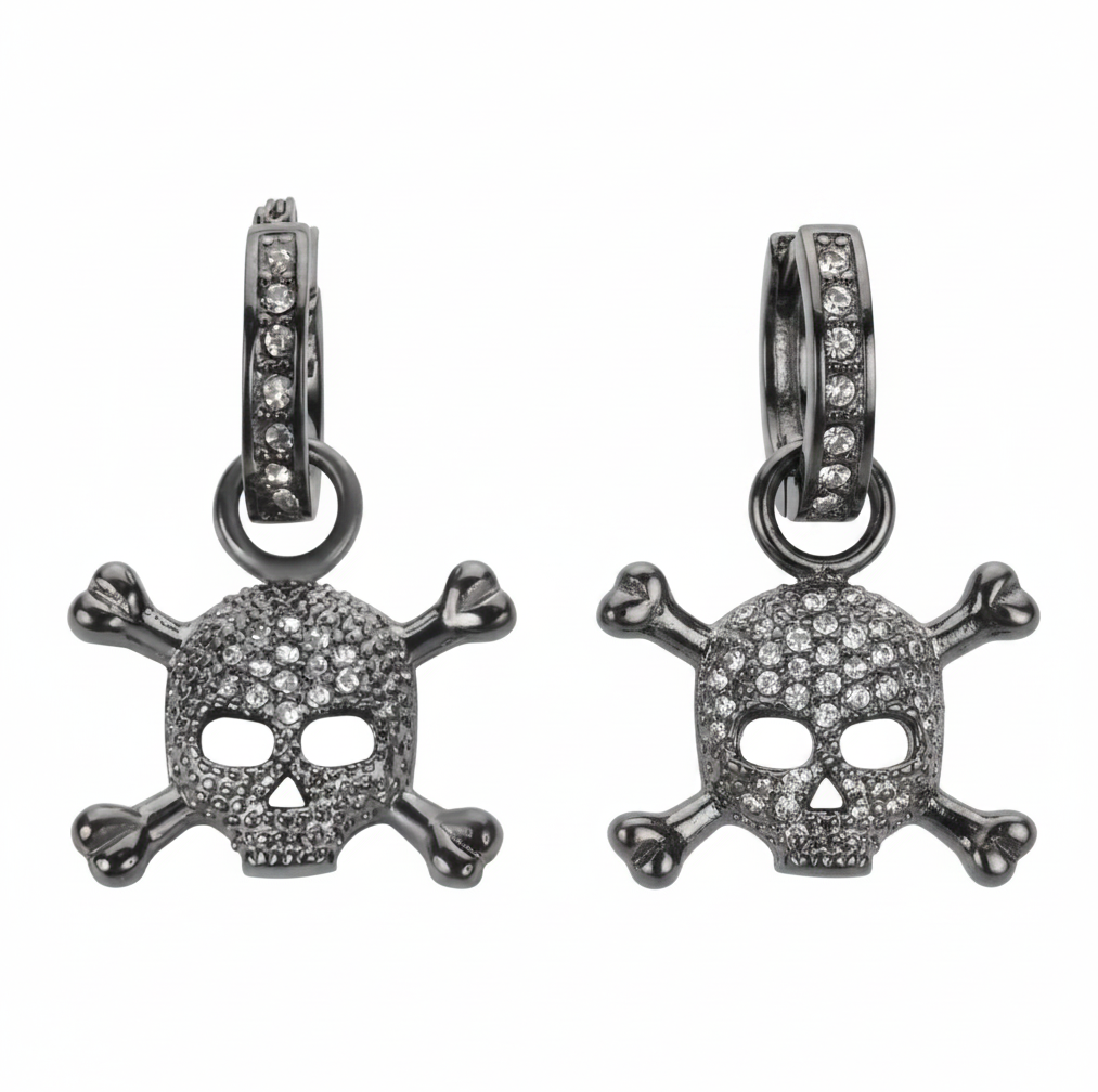 Black Bling Skull &amp; Crossbones Dangle Hoop Earrings Unisex Stainless Steel SE34