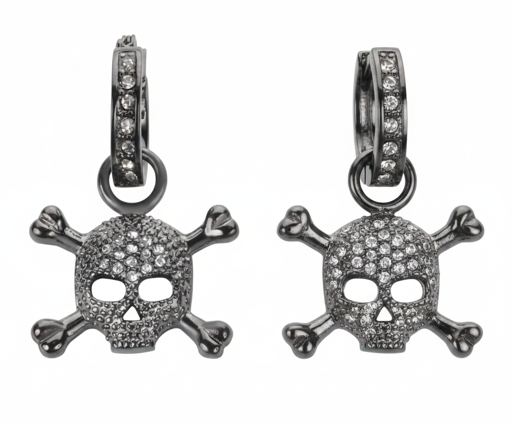 Black Bling Skull &amp; Crossbones Dangle Hoop Earrings Unisex Stainless Steel SE34