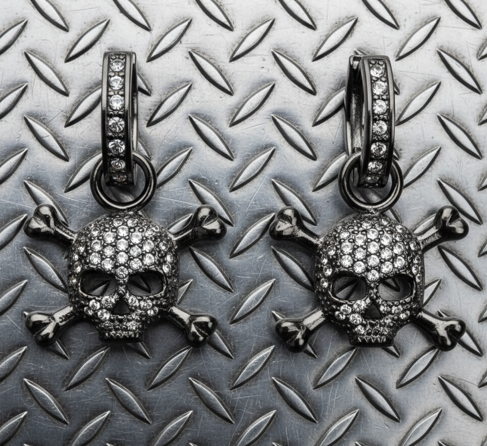 Black Bling Skull &amp; Crossbones Dangle Hoop Earrings Unisex Stainless Steel SE34