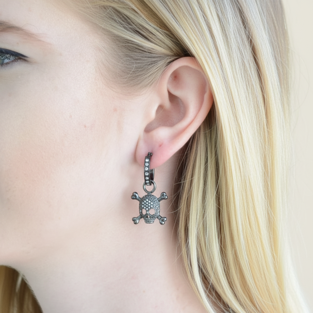 Black Bling Skull &amp; Crossbones Dangle Hoop Earrings Unisex Stainless Steel SE34