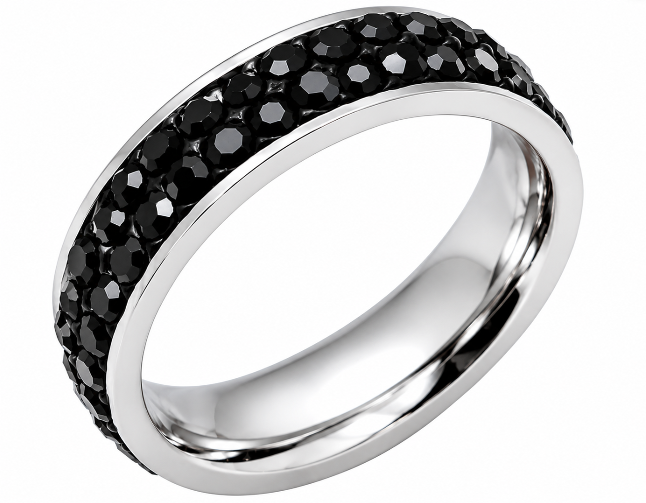 Black Ice Ring Double Row Lady Biker Wedding Band Stainless Steel - Product Image