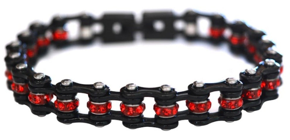 Black and Red Crystals Ladies Motorcycle Biker Tennis Bracelet Stainless Steel