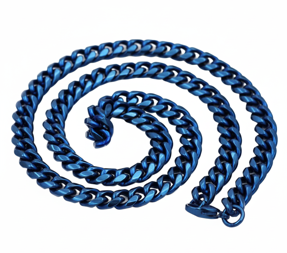 9mm Blue Cuban Link Chain Men's Necklace Stainless SteelFREE SHIPPING