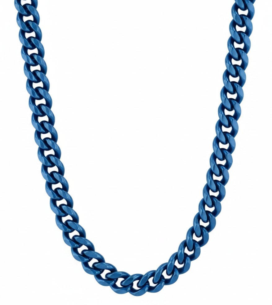 9mm Blue Cuban Link Chain Men's Necklace Stainless SteelFREE SHIPPING - Product Image