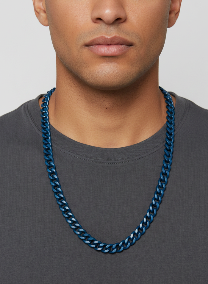 9mm Blue Cuban Link Chain Men's Necklace Stainless SteelFREE SHIPPING