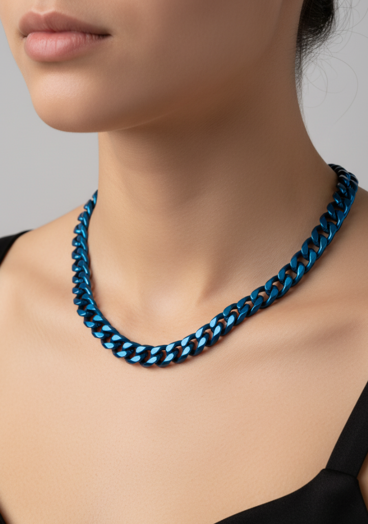 9mm Blue Cuban Link Chain Men's Necklace Stainless SteelFREE SHIPPING