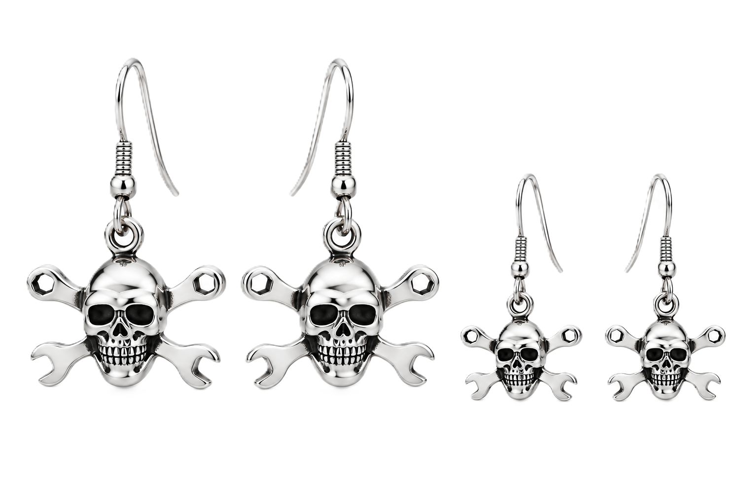 CrossWrench Skull Dangle Earrings Unisex 2 sizes Stainless Steel