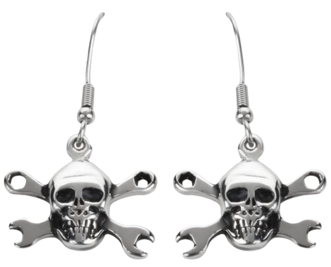 CrossWrench Skull Dangle Earrings Unisex 2 sizes Stainless Steel