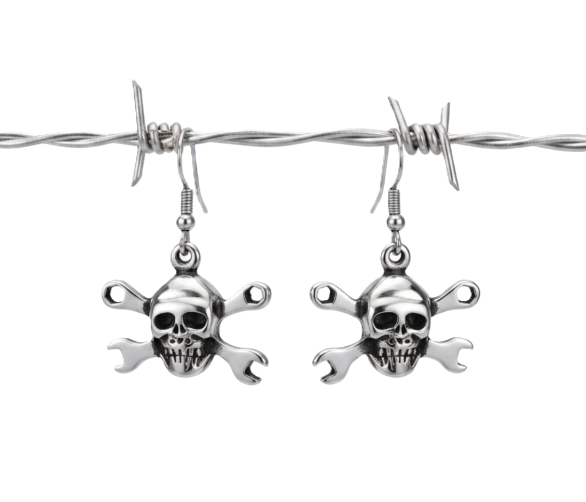 CrossWrench Skull Dangle Earrings Unisex 2 sizes Stainless Steel