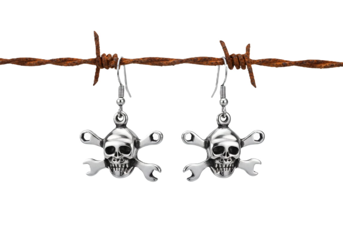 CrossWrench Skull Dangle Earrings Unisex 2 sizes Stainless Steel