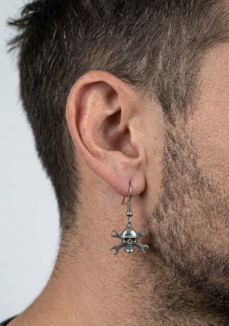 CrossWrench Skull Dangle Earrings Unisex 2 sizes Stainless Steel
