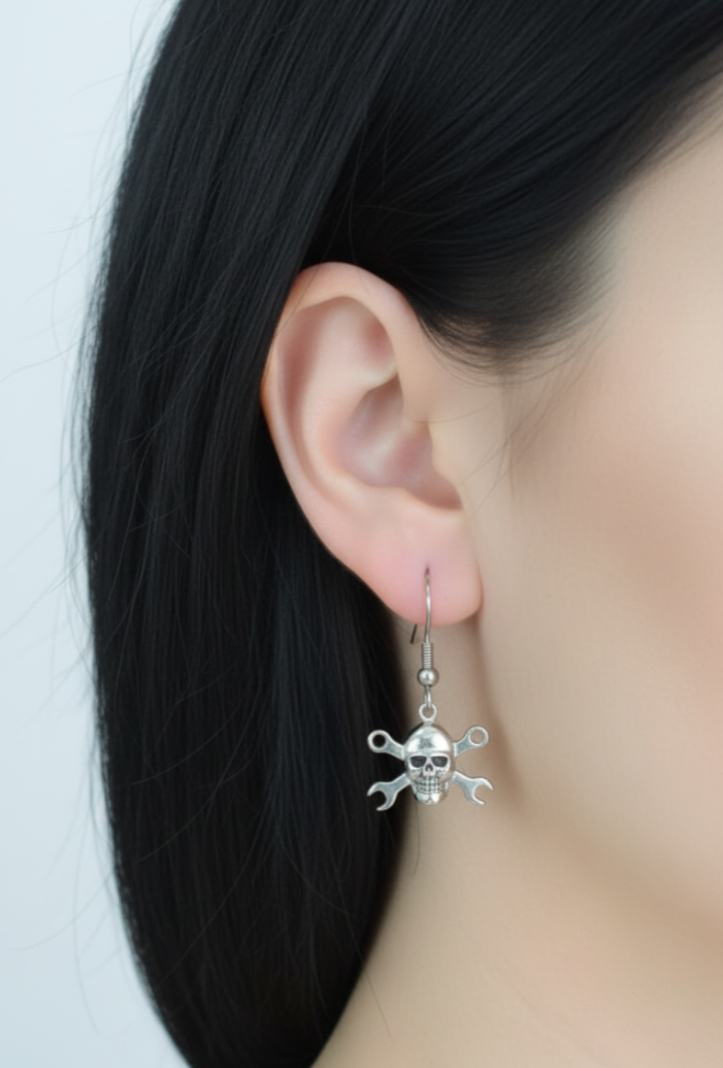 CrossWrench Skull Dangle Earrings Unisex 2 sizes Stainless Steel