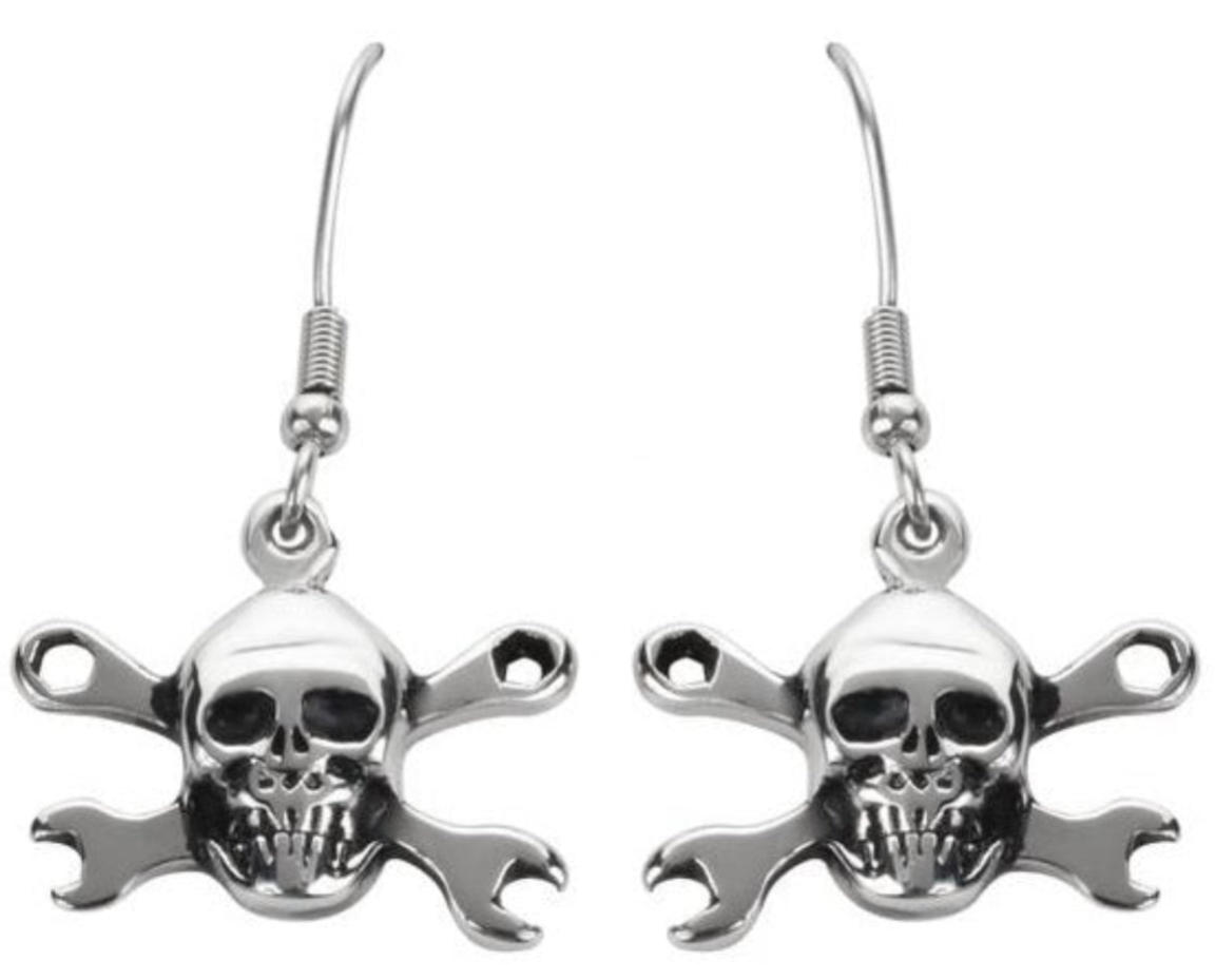 CrossWrench Skull Dangle Earrings Unisex Stainless Steel SE7