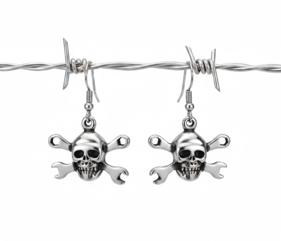 CrossWrench Skull Dangle Earrings Unisex Stainless Steel SE7