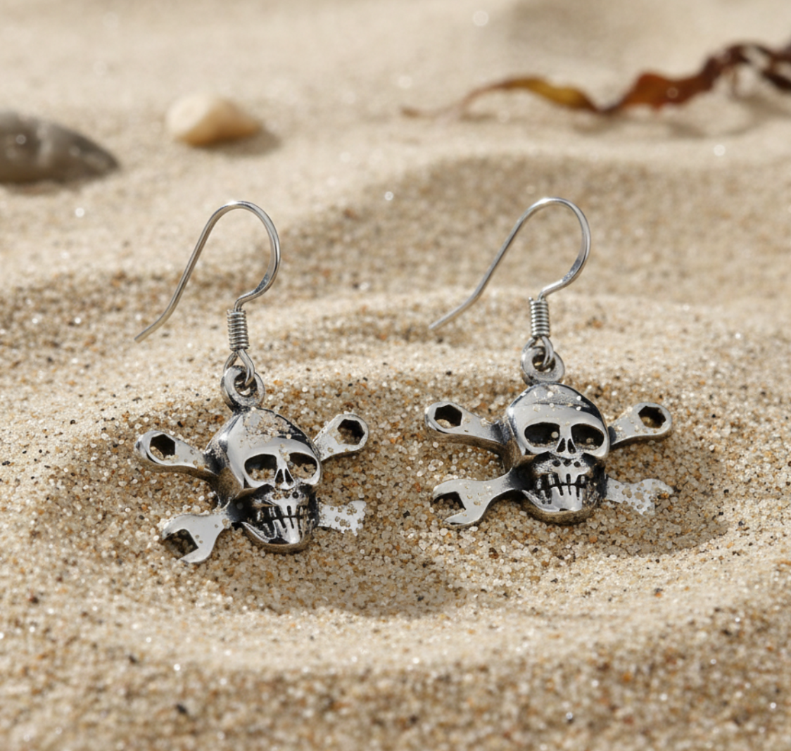 CrossWrench Skull Dangle Earrings Unisex Stainless Steel SE7