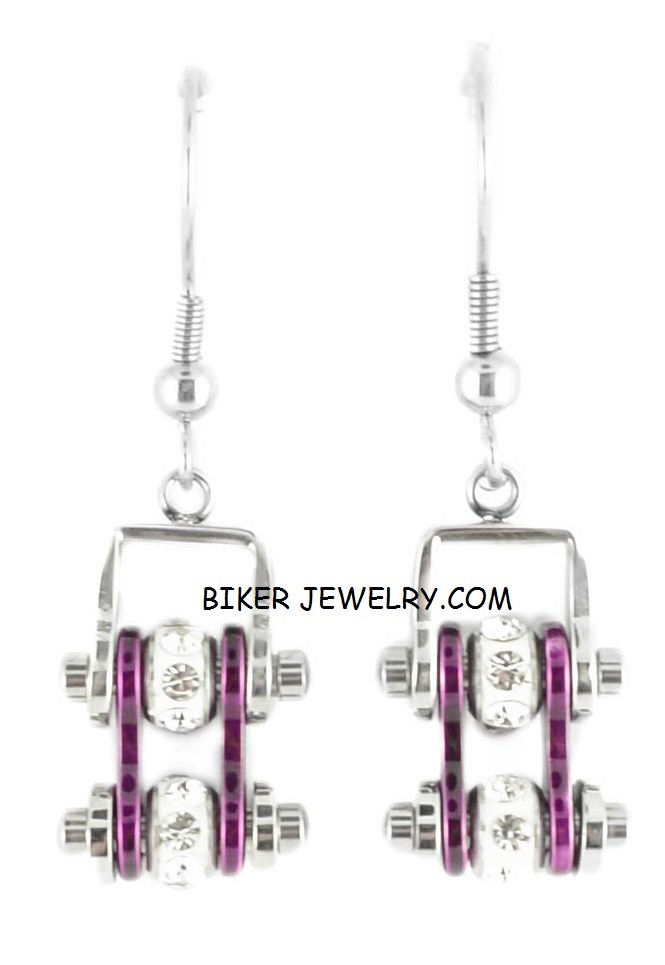 Earrings Ladies Mini Stainless Steel Chrome & Hot Purple Bling Motorcycle Bike Chain 