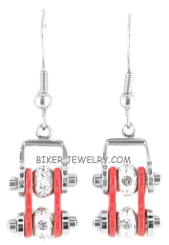Earrings Ladies Mini Stainless Steel Chrome & Red Bling Motorcycle Bike Chain 