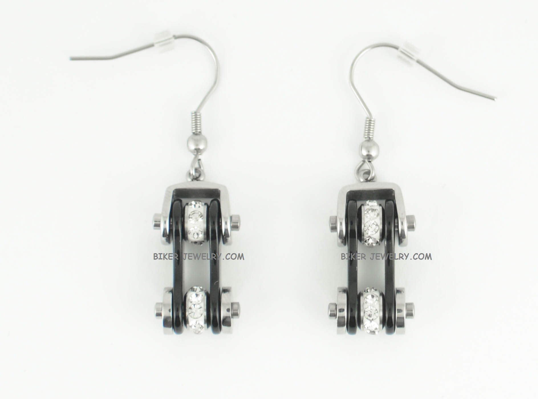 Earrings Motorcycle Bike Chain Silver and Black Bling with Crystals Stainless Steel  - Product Image