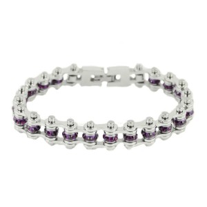 February Ladies Birthstone Stainless Steel Motorcycle Bike Bracelet with Amethyst Crystals  - Product Image
