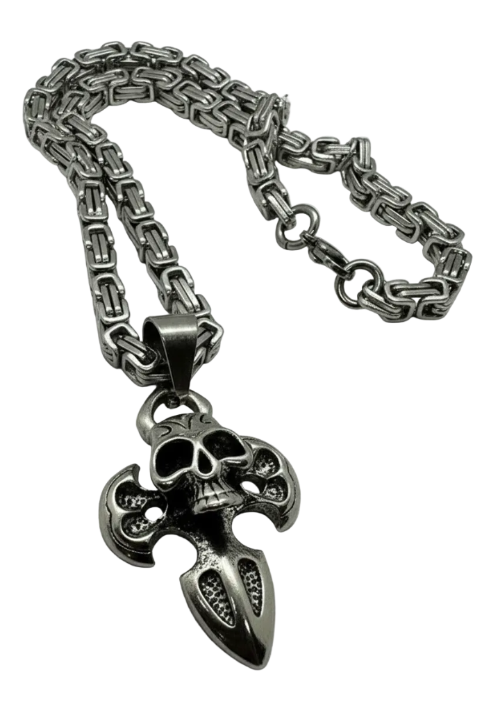 Gothic Cross Skull Pendant on 6mm Byzantine Chain Men's Necklace Stainless Steel 