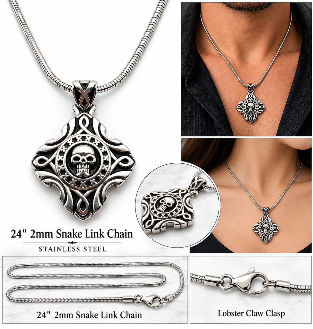 Gothic Skull Necklace Unisex Pendant &amp; Chain Stainless Steel