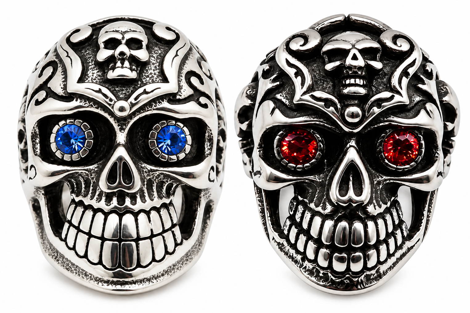 Gothic Skull Ring with Blue or Red Eyes Men's Biker Stainless Steel SR36